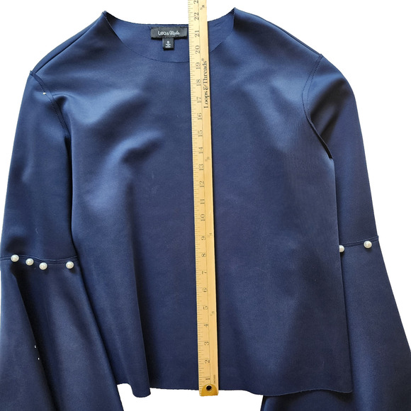 Lea & Viola Mid-Length Blue Blouse Small w/Flared Sleeves - Pearl Accents - Picture 5 of 10